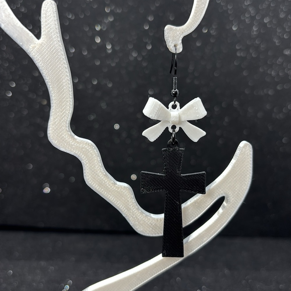 Black Cross Earrings with White Bows - Picture 3 of 4